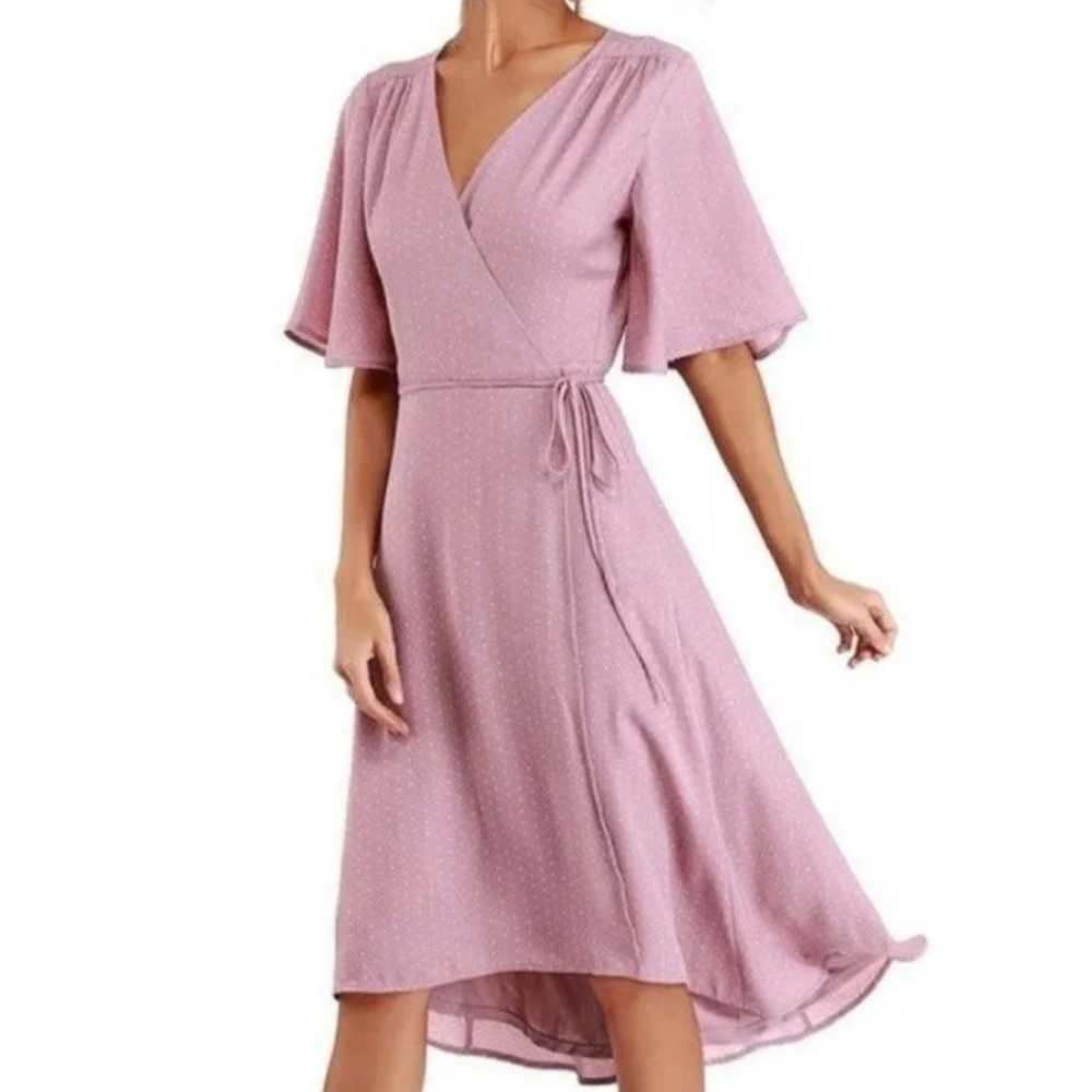 Lulus Farah Mauve Print Midi Wrap Dress Medium